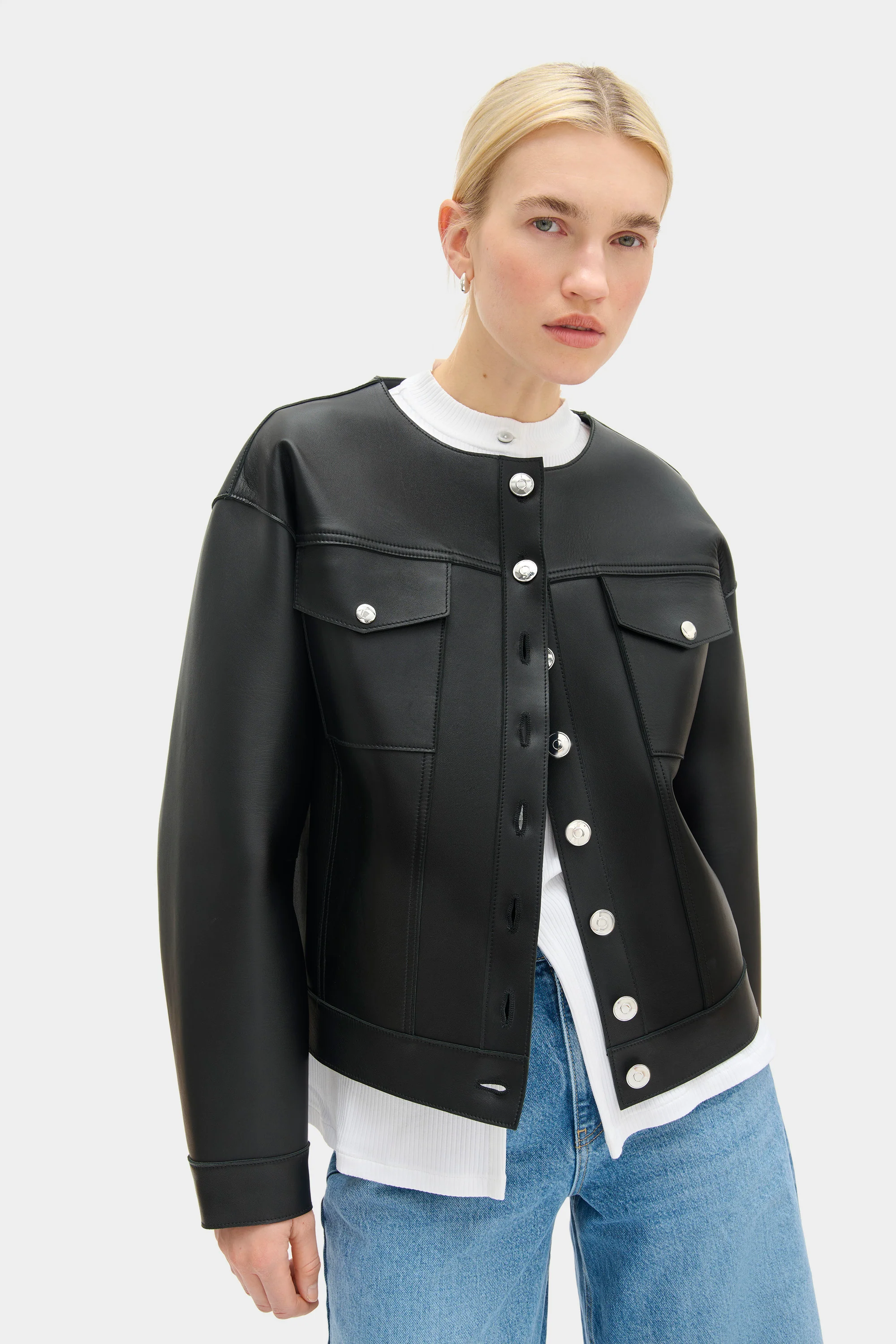 Moto Collarless Leather Jacket - Image 3